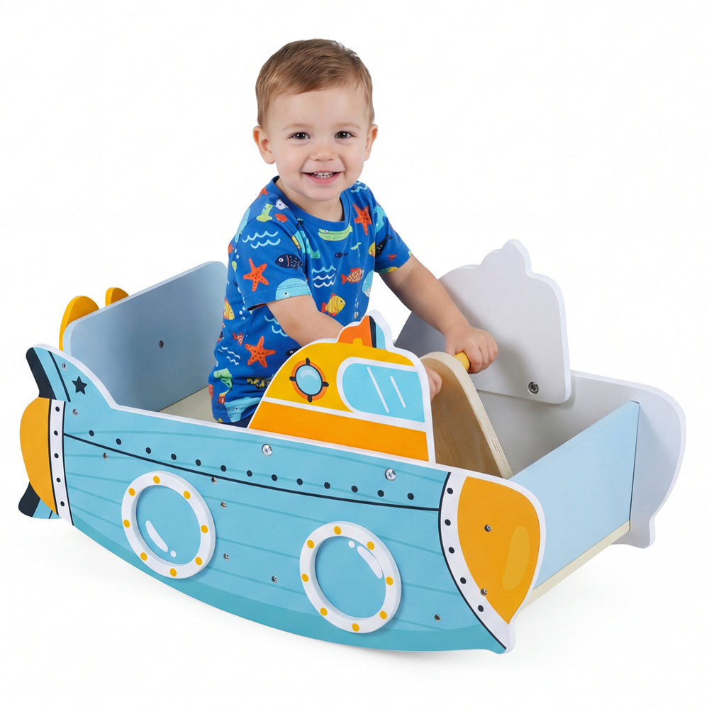 Colorful submarine wooden climbing toy with rotating propeller, designed for safe rocking and adventure for toddlers.