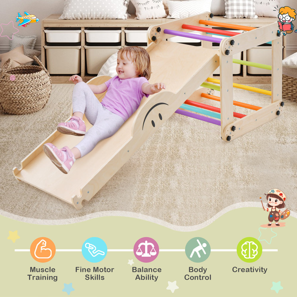 Climbing triangle ladder toy with reversible ramp, multicolor design, promoting muscle training and creativity for.