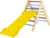 Colorful 3-in-1 wooden climbing triangle set with adjustable ramp for kids' muscle training and balance improvement.