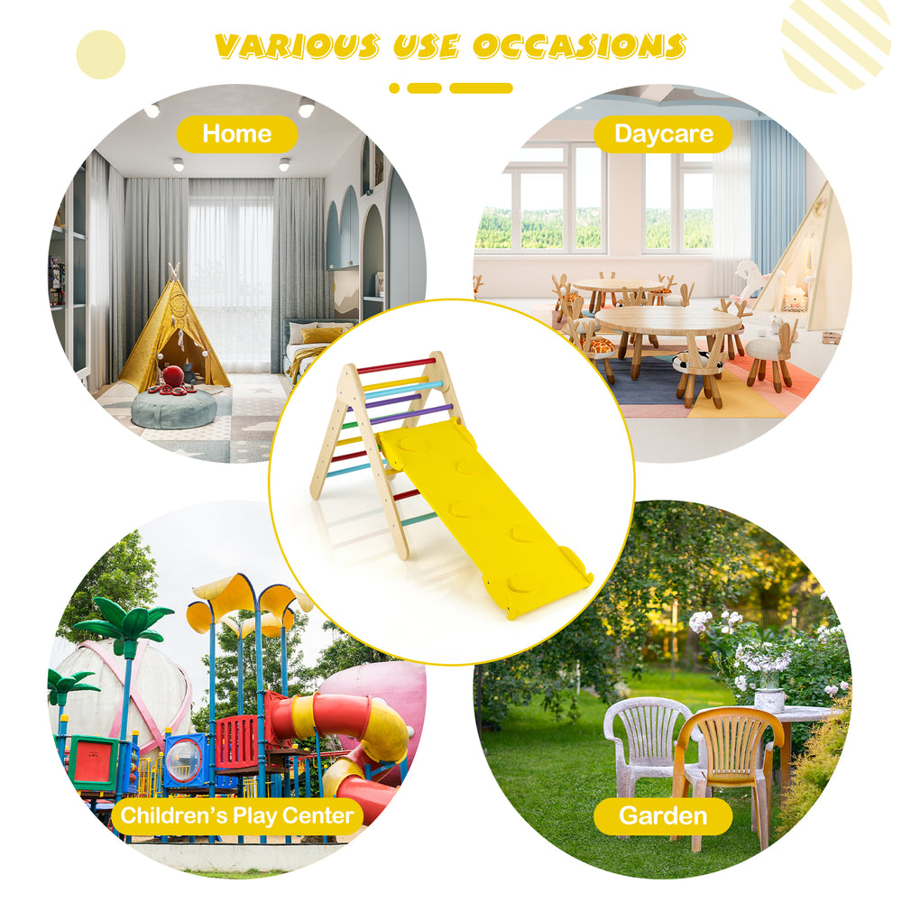 3-in-1 wooden climbing triangle set with adjustable ramp for children's play, promoting muscle training and balance.