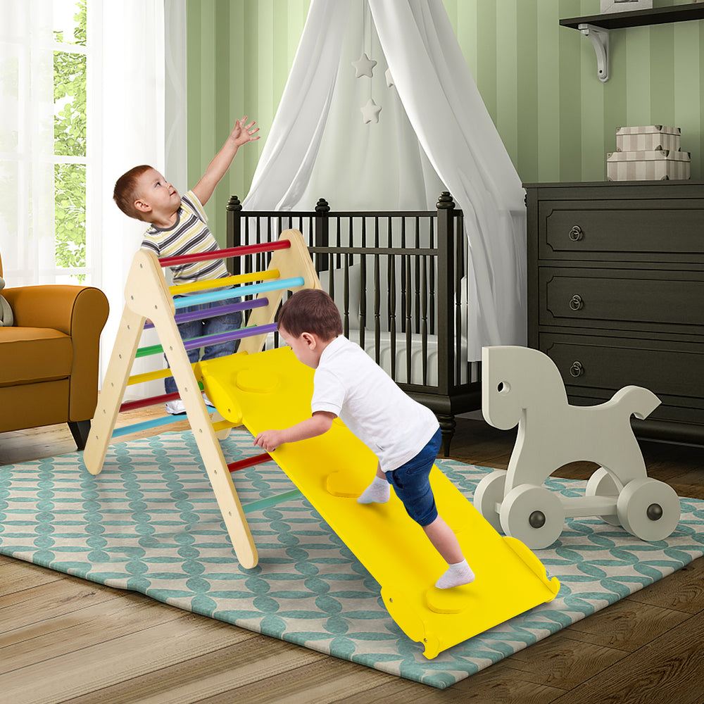 Wooden climbing triangle set with adjustable ramp, featuring multicolor design for children's play and muscle training.