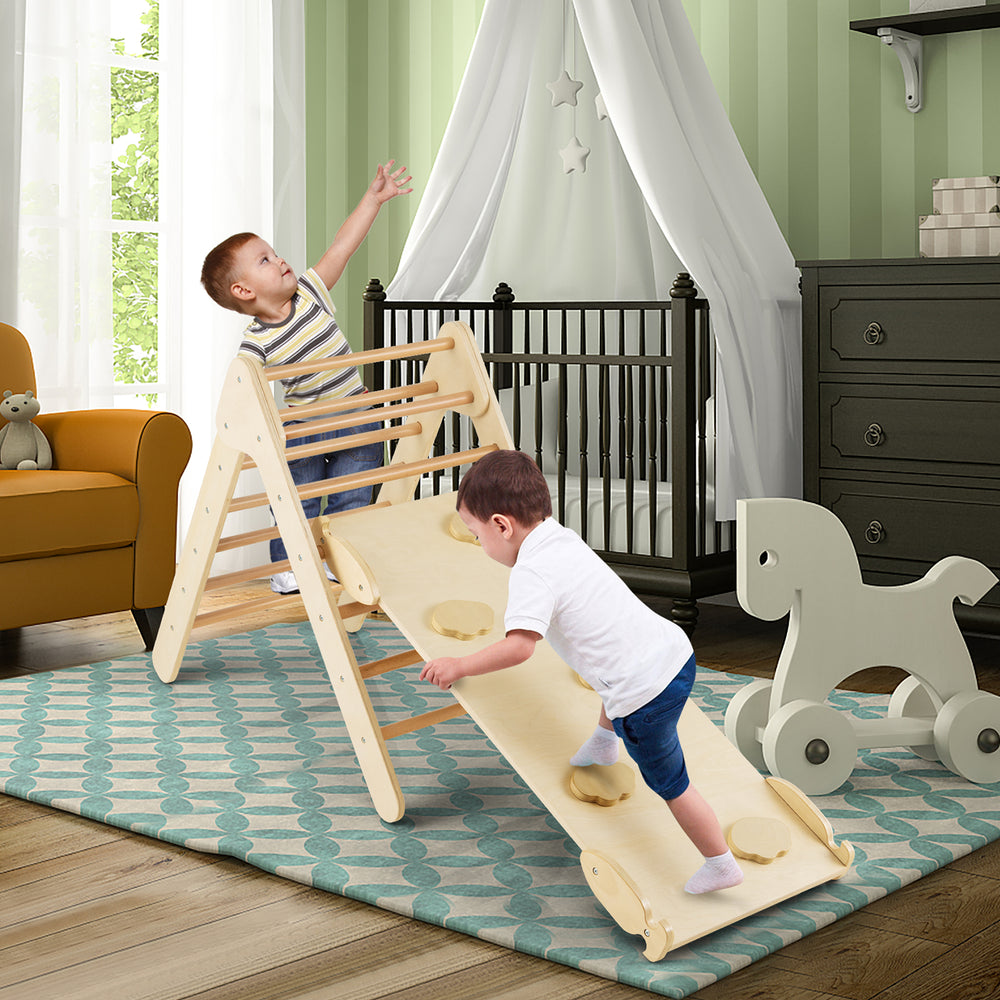 3-in-1 Wooden Climbing Triangle Set Triangle Climber with Ramp-Natural - Gallery View 1 of 10
