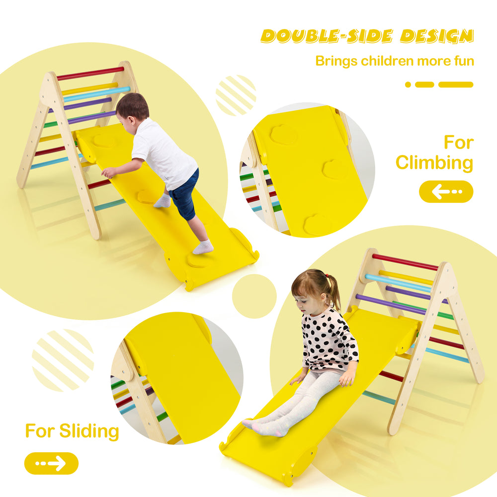 Wooden climbing triangle set with adjustable ramp for climbing and sliding, made of birch and beech wood for safety.
