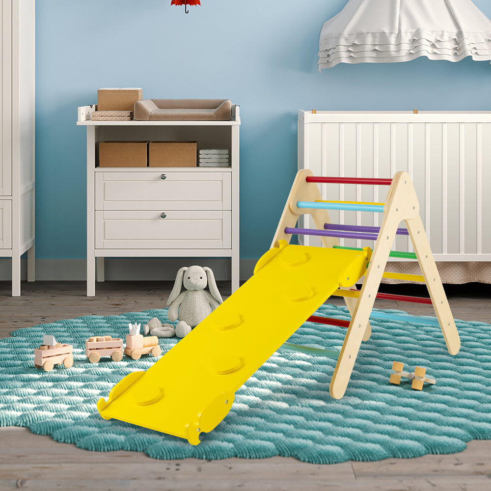 3-in-1 wooden climbing triangle set with adjustable yellow ramp, perfect for children's muscle training and balance.