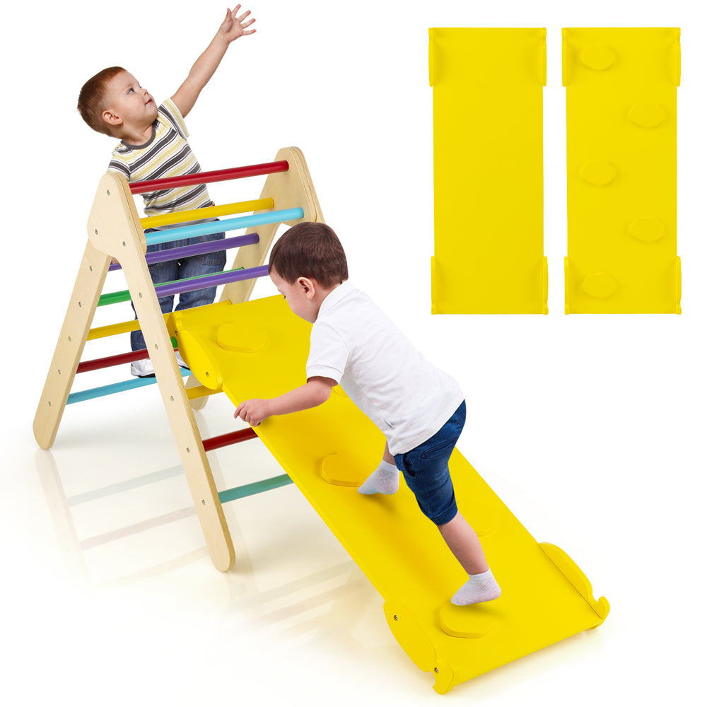 Wooden climbing triangle set with adjustable yellow ramp, featuring kids playing for muscle training and balance.
