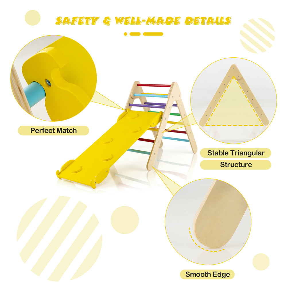Multicolor 3-in-1 wooden climbing triangle set with adjustable ramp, featuring a stable triangular structure for safety.