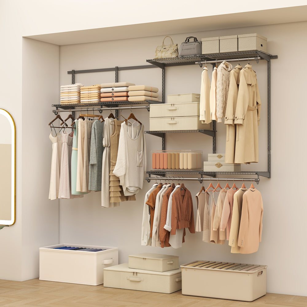 Wall-mounted gray closet system showcasing 7 shelves and 5 hanging rods, ideal for versatile storage solutions.