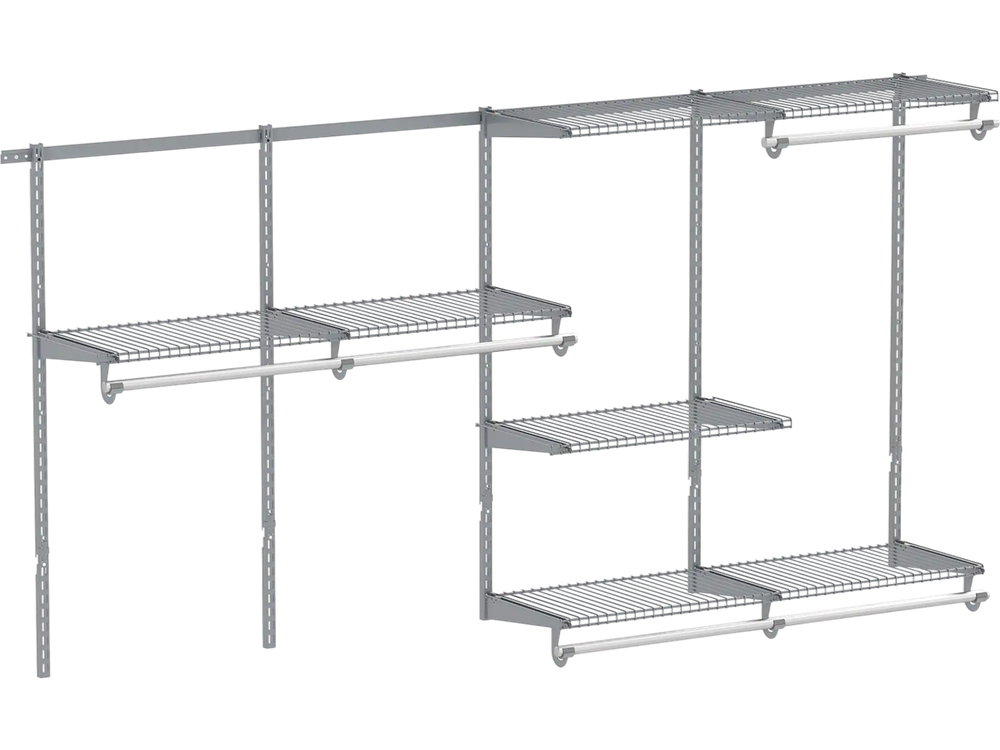 Wall-mounted closet system in gray with 7 shelves and 5 rods, adjustable for versatile storage in bedrooms or laundry.
