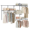 Wall-mounted closet system in gray featuring 7 shelves and 5 hanging rods for versatile storage in bedrooms or laundry.