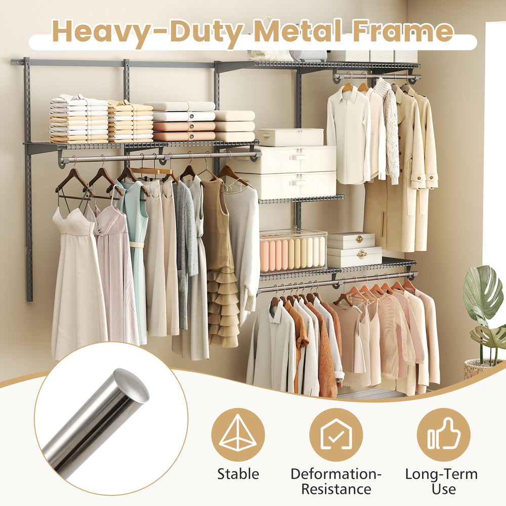 Wall-mounted closet system with heavy-duty metal frame, featuring 7 shelves and 5 rods for versatile storage solutions.