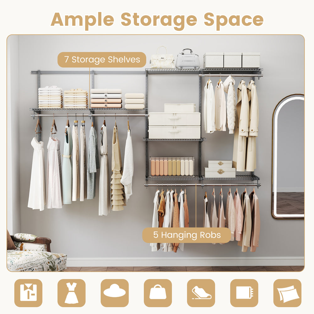 Wall-mounted closet system featuring 7 storage shelves and 5 hanging rods in gray for versatile organization.