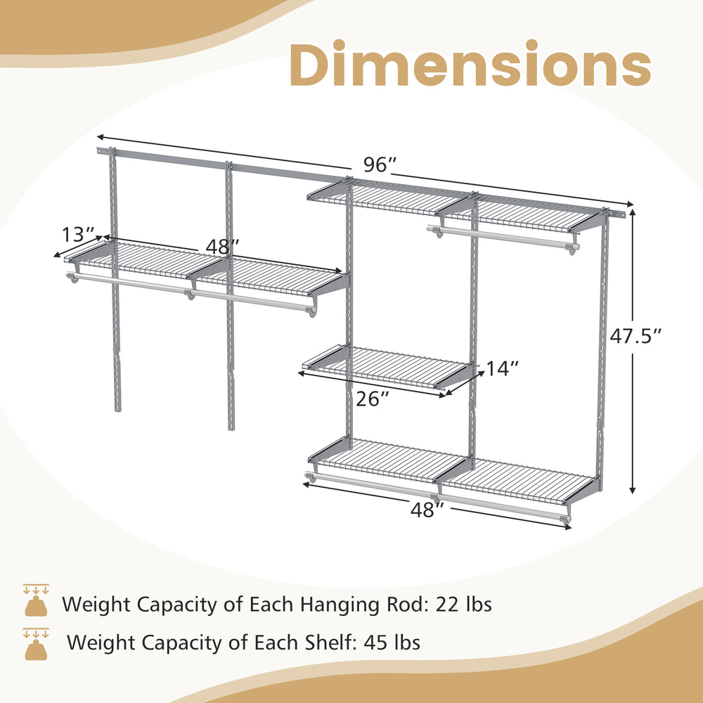 Wall-mounted closet system dimensions showing 7 shelves and 5 rods, gray powder-coated metal, ideal for versatile.