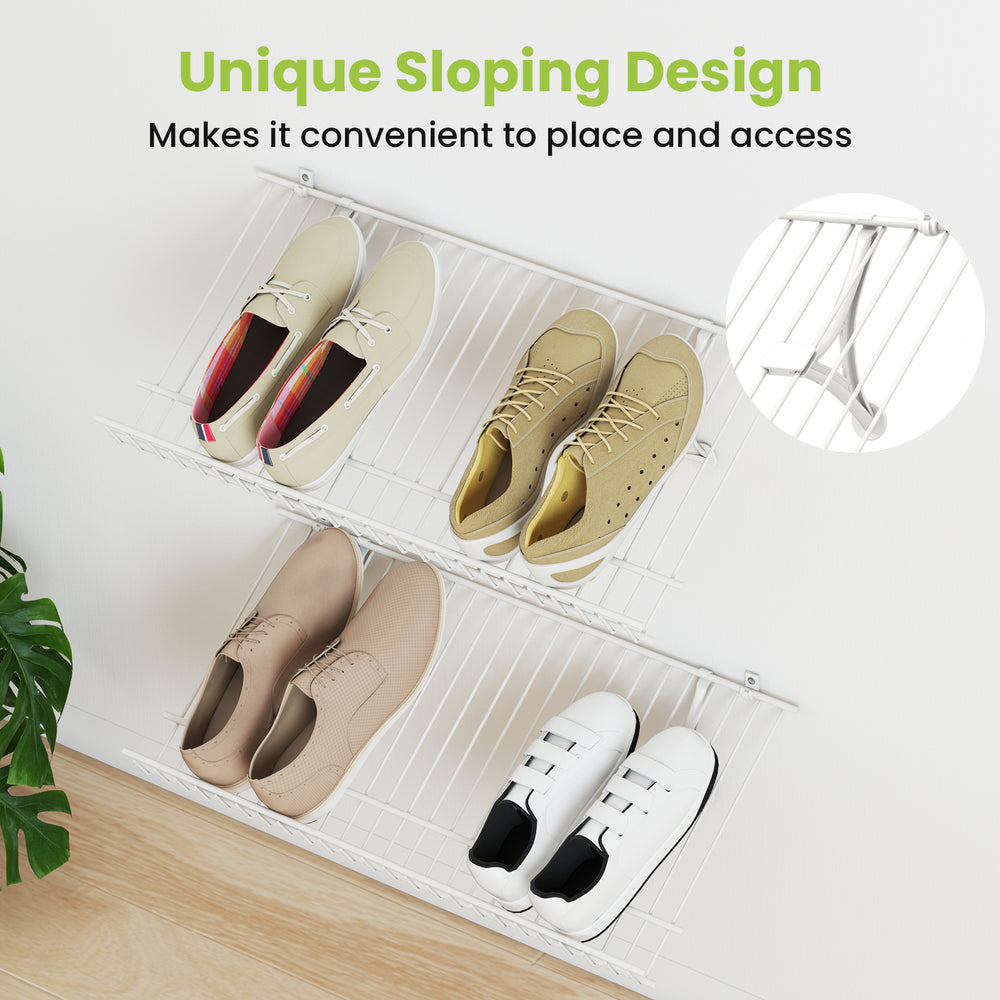 Wall-mounted metal wire shoe racks with unique sloping design for easy access and ventilation, set of 2.