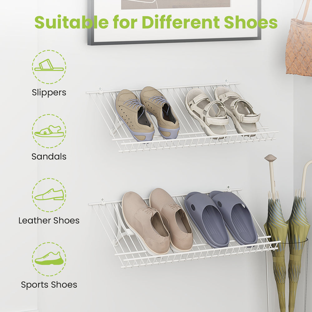 Wall-mounted metal wire shoe racks set of 2, featuring sturdy brackets and proper spacing for ventilation.