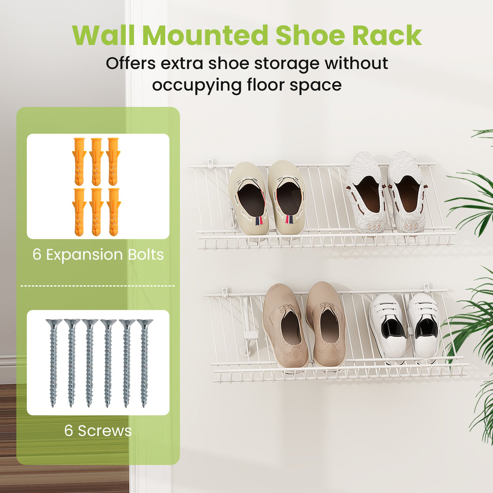 Wall-mounted metal wire shoe racks set of 2, featuring sturdy brackets and scratch-resistant surface for efficient.