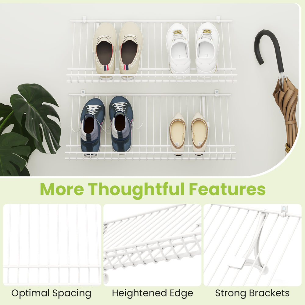 Wall-mounted metal wire shoe racks set of 2 with sturdy brackets and optimal spacing for ventilation and edge.
