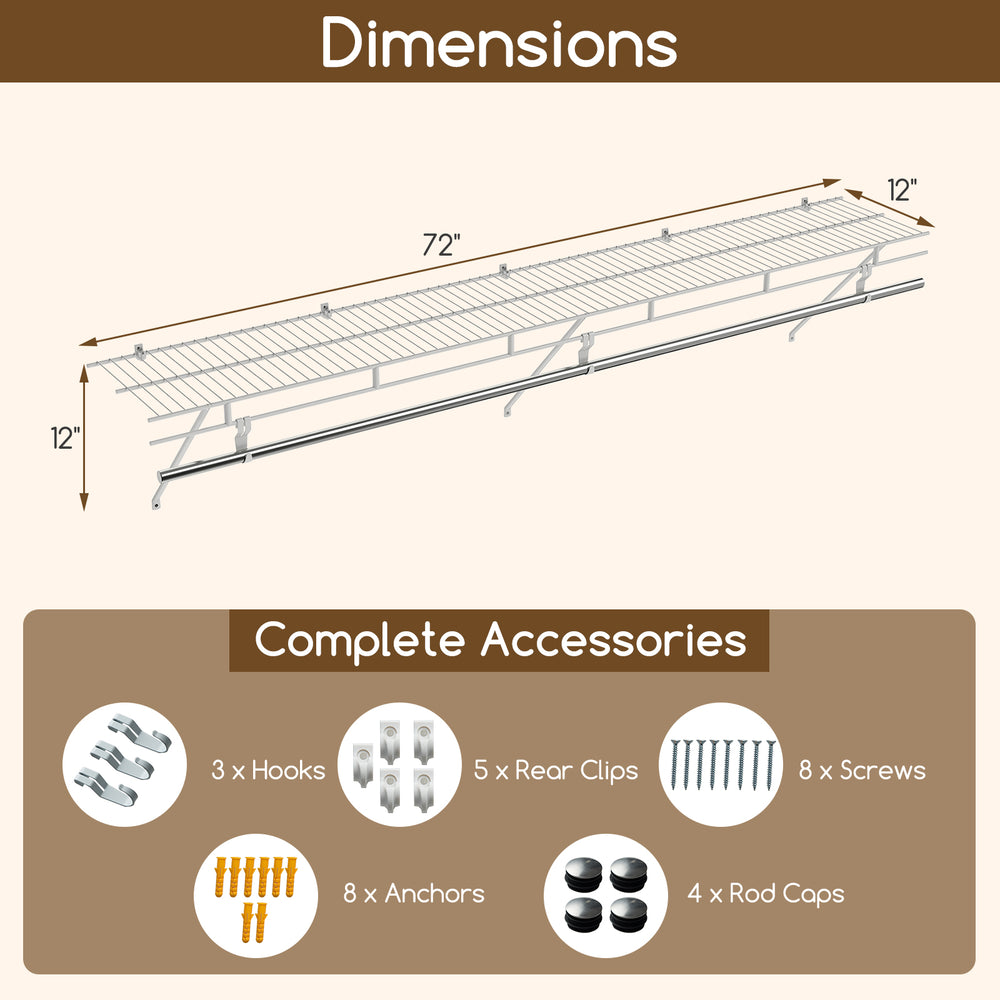 Wall-mounted closet shelf with hanging rod, 72" x 12", metal wire construction for laundry room storage and.