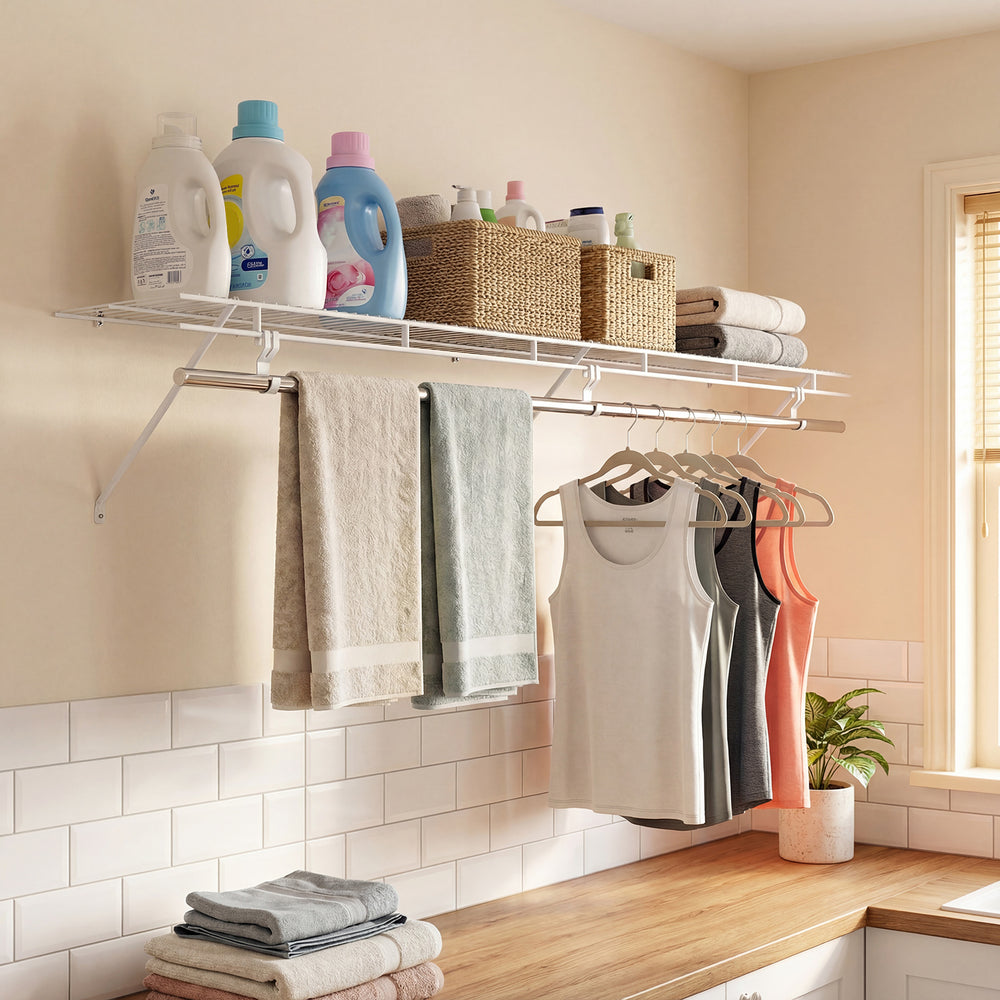 Wall-mounted closet shelf with hanging rod, showcasing organized laundry essentials and fresh airflow for efficient.