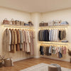 Wall-mounted closet shelves with hanging rod, featuring durable metal wire design for laundry room organization.