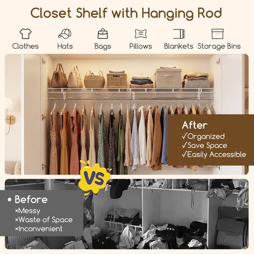 Wall-mounted closet shelf with hanging rod, metal wire construction, 6 ft x 12 inch, for organized laundry room storage.