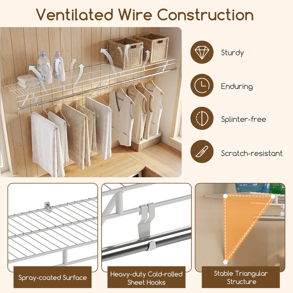 Wall-mounted closet shelf with hanging rod, made from durable metal wire, 6 ft x 12 inch, ideal for laundry room.