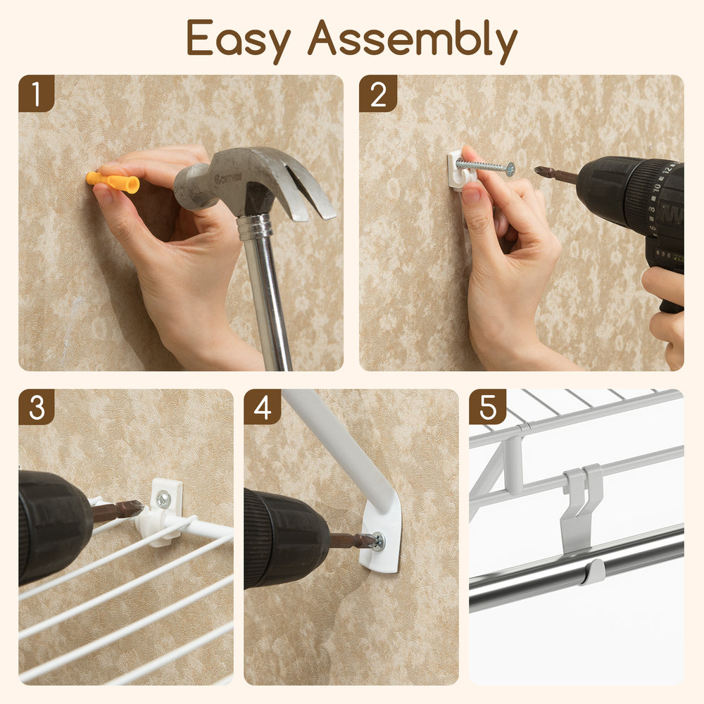 Wall-mounted closet shelves with hanging rod, featuring easy assembly steps for secure installation in laundry rooms.