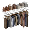 Wall-mounted ventilated metal wire shelving kit with clothes, bags, and storage bins for organized closet space.