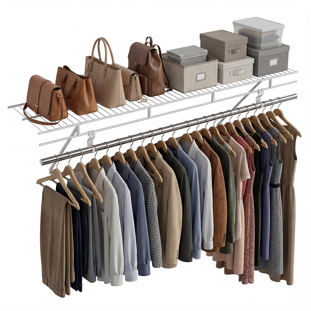 Wall-mounted ventilated metal wire shelving kit with clothes, bags, and storage bins for organized closet space.