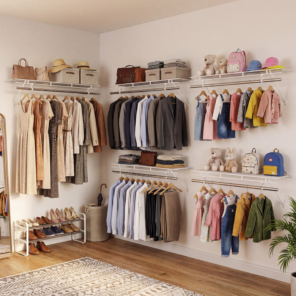 Wall-mounted ventilated metal wire shelving kit with organized clothes, bags, and accessories for efficient closet.