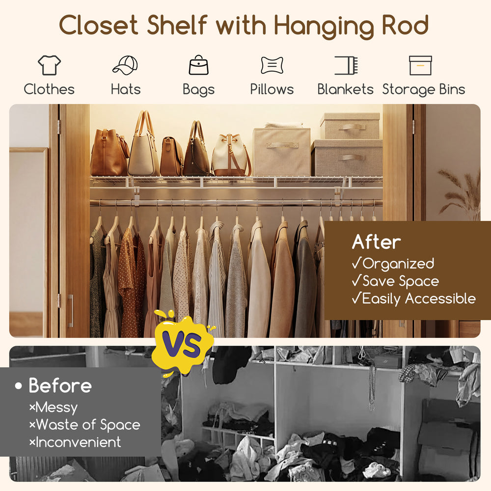 Wall-mounted closet shelf with hanging rod, ventilated metal wire design for organizing clothes and bags, ideal for.