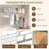 Wall-mounted closet shelves with ventilated metal wire, spray-coated surface, and heavy-duty hooks for secure storage.