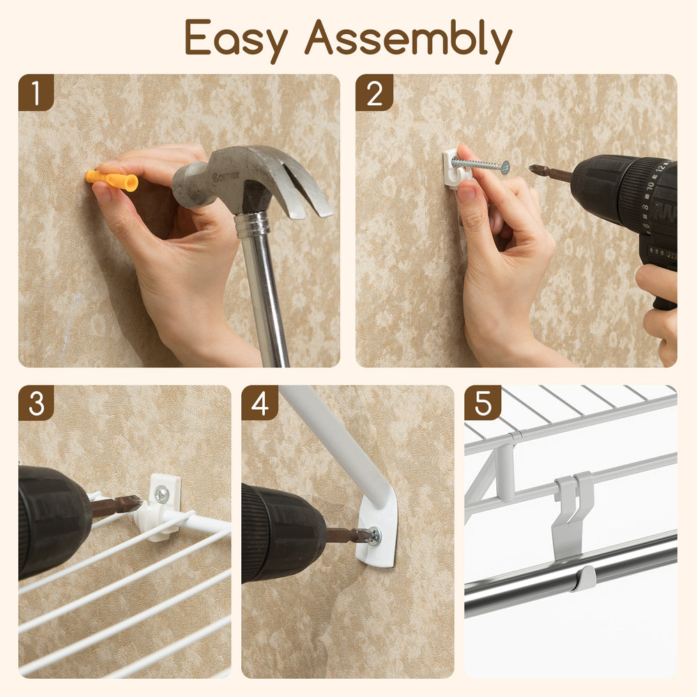 Step-by-step assembly instructions for the wall-mounted ventilated metal wire shelving kit for closet organization.