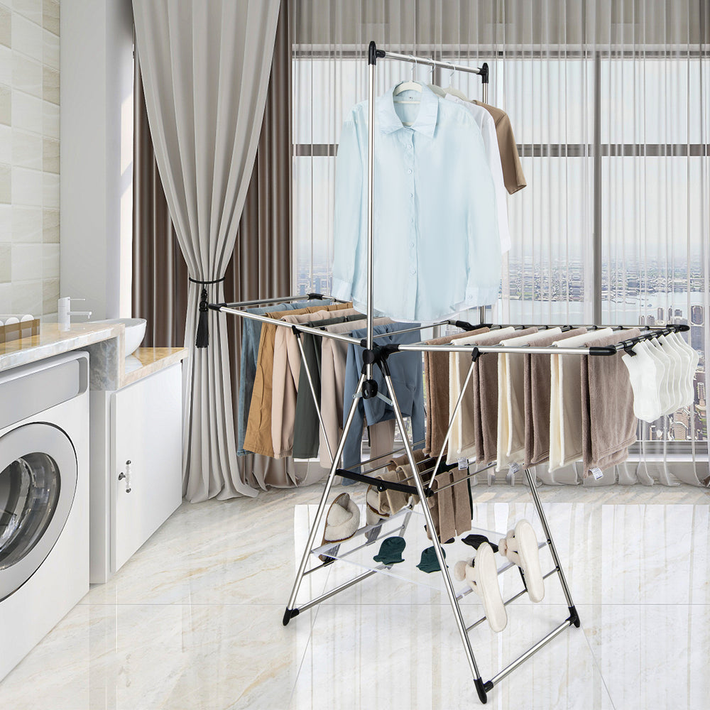 Clothes drying rack with 6 adjustable heights, featuring a stable triangular structure and ample drying space in a.