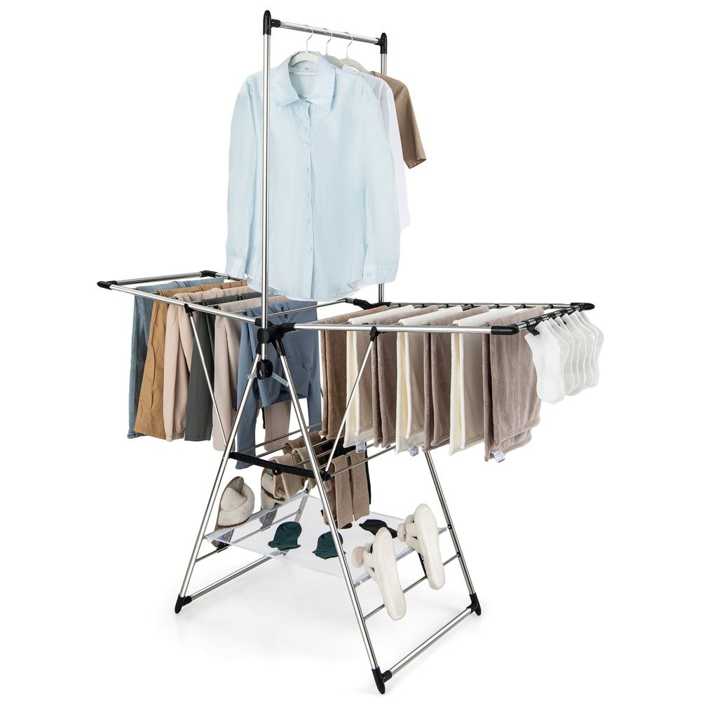 Clothes drying rack with adjustable height, featuring a stable structure and ample space for drying various items.
