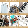 Collapsible clothes drying rack with adjustable height, featuring multiple drying areas and clips for socks and shoes.