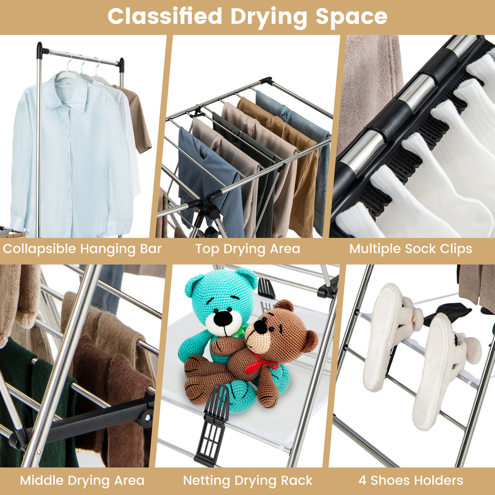 Collapsible clothes drying rack with adjustable height, featuring multiple drying areas and clips for socks and shoes.