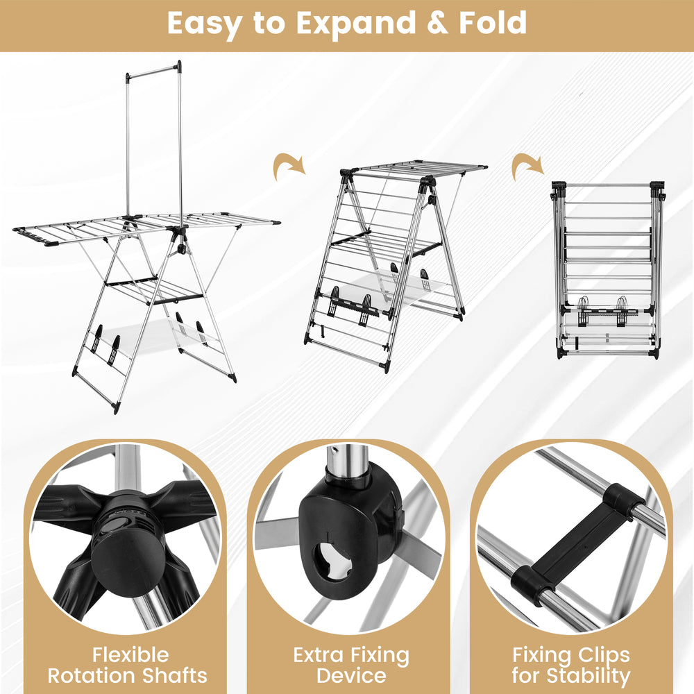 Clothes drying rack with 6 adjustable heights, featuring a stable triangular structure and flexible rotation shafts.