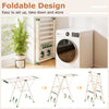Clothes drying rack in beige with height adjustable wings, foldable design for easy storage, ideal for laundry rooms.