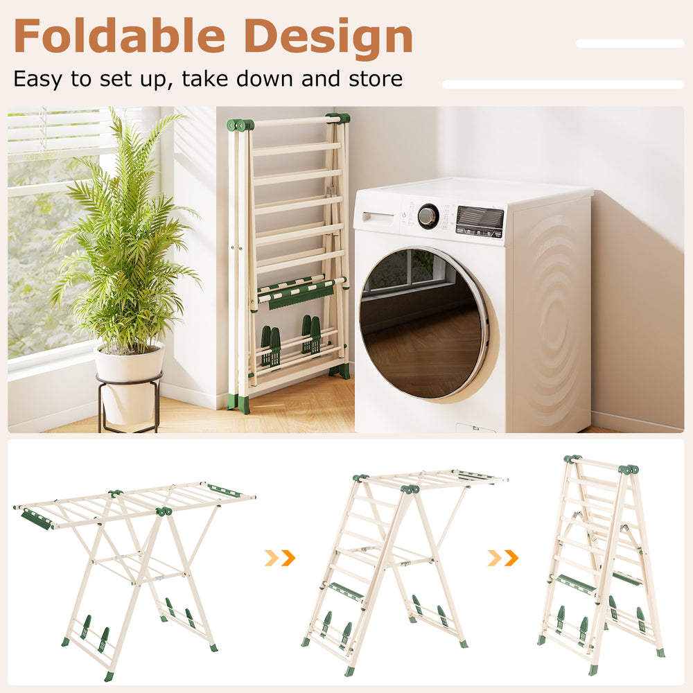 Clothes drying rack in beige with height adjustable wings, foldable design for easy storage, ideal for laundry rooms.