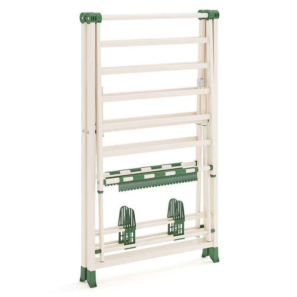 Clothes drying rack in beige with height adjustable wings, 28 clips, and 4 shoe holders for versatile drying options.