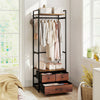 Clothes rack with rustic brown drawers, metal frame, top shelf, and side hooks for hallway or bedroom storage.
