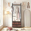Clothes rack in rustic brown with drawers, shelves, and side hooks for stylish and functional storage in any room.