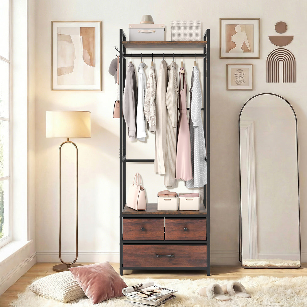 Clothes rack in rustic brown with drawers, shelves, and side hooks for stylish and functional storage in any room.