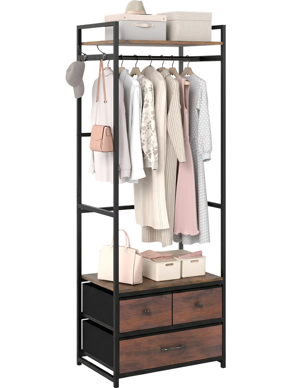 Clothes rack with rustic brown drawers, metal frame, and side hooks, ideal for hallway or bedroom storage.