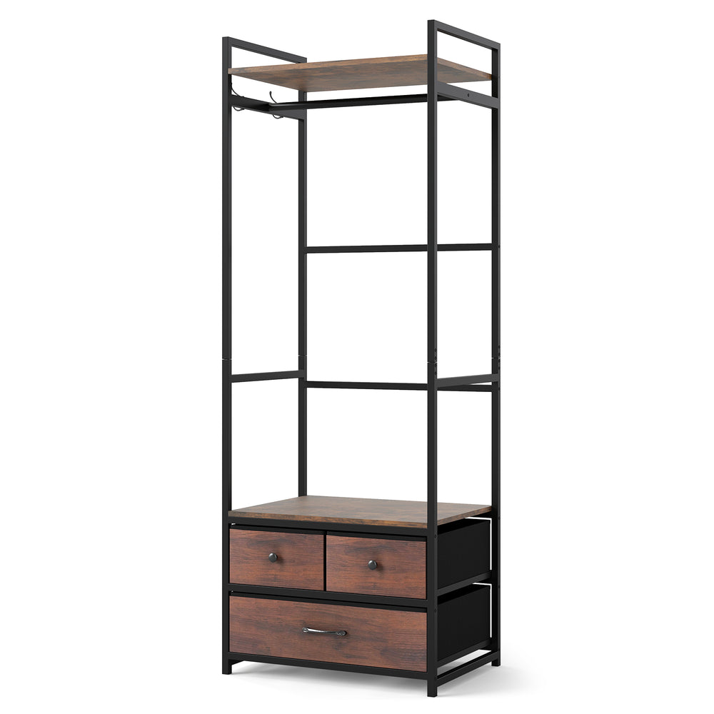 Clothes rack with rustic brown finish, featuring shelves, drawers, and side hooks for organized storage in any room.