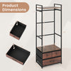 Clothes rack with drawers and shelves in rustic brown, featuring a sturdy metal frame and side hooks for versatile.