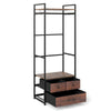 Clothes rack with rustic brown drawers and shelves, featuring a metal frame and side hooks for hallway or bedroom.