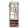 Clothes rack in rustic brown with drawers, shelves, and side hooks for stylish vertical storage in any room.