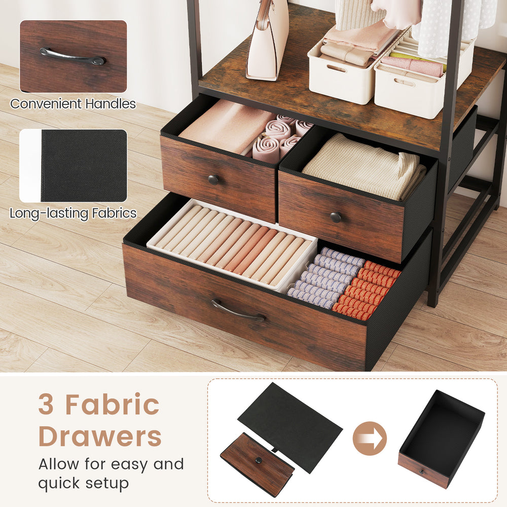 Clothes rack featuring three fabric drawers in rustic brown, ideal for hallway or bedroom storage with convenient.