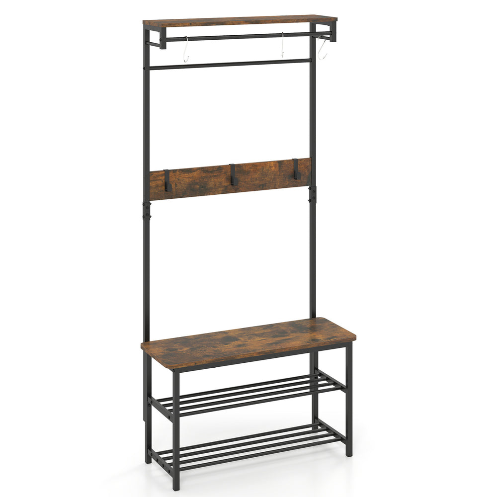 Coat rack hall tree with shoe bench, removable hooks, and coffee finish for entryway organization and style.